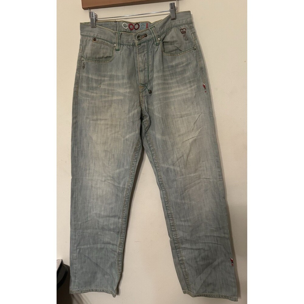 Vtg Coogi Wide leg Embroidered jeans Light Wash Y2k mens Size 32 34